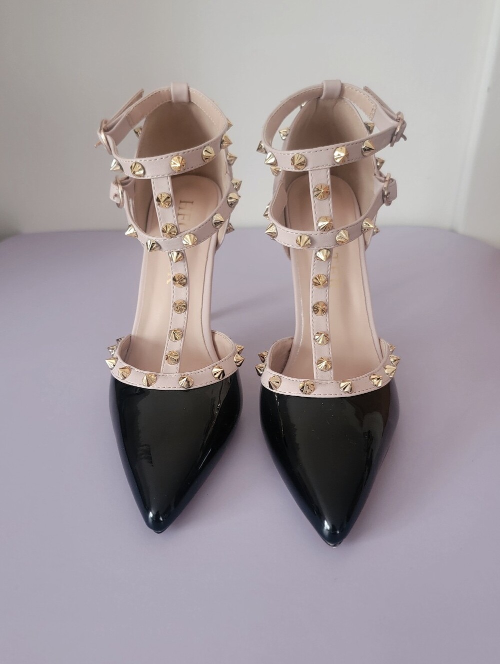 Hecater Black Patent Caged Gold Stud Ankle Strap Pumps - Size 7 BNIB